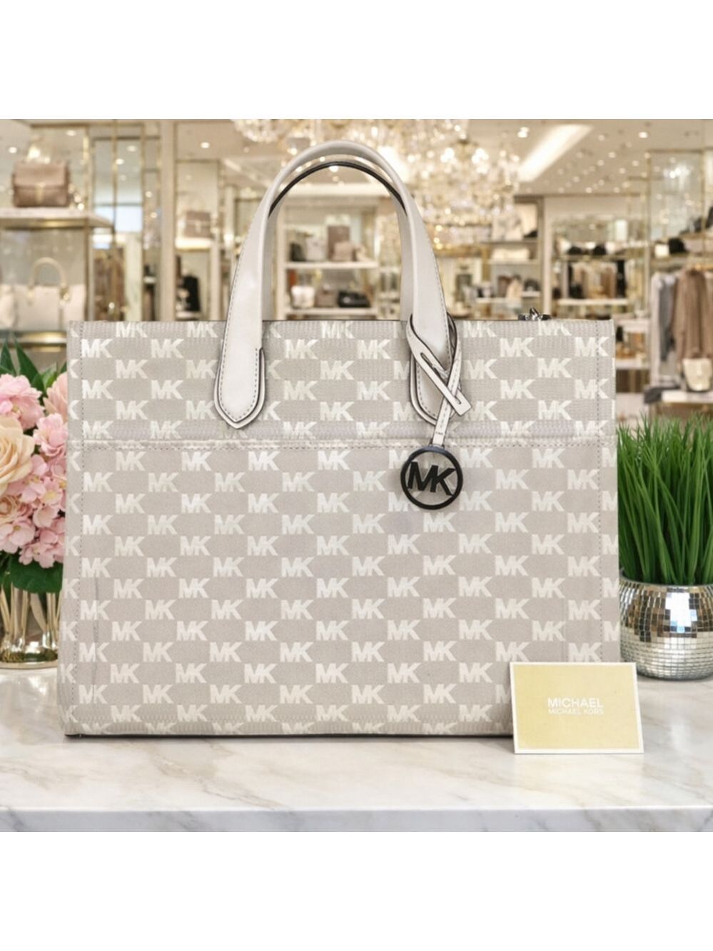 Michael Michael Kors White Gray Work Large‎ Laptop Tote   Design Bag